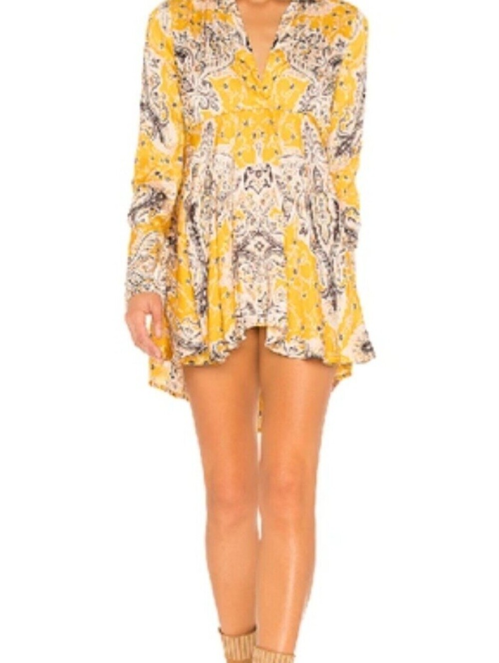Free People Mustard Yellow Paisley V-Neck Tunic Dress